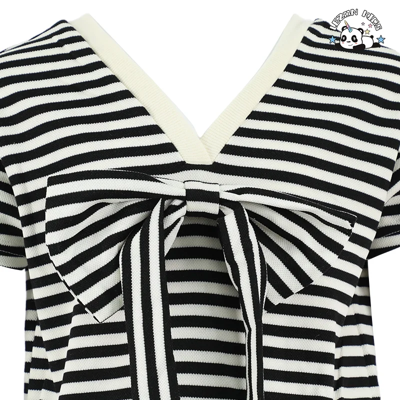 LEZONKIDS - Conjuntos de Roupas para Meninas Pequenas Camisa com Laço de Decote em V Conjunto de Meninas com Listras Curtas Atacado de Fábrica MOQ Baixo Conjunto de Roupas para Crianças Personalizado